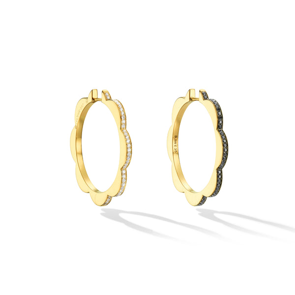 Large Triplet Hoop Earrings by Cadar 18k yellow gold white diamonds black diamonds