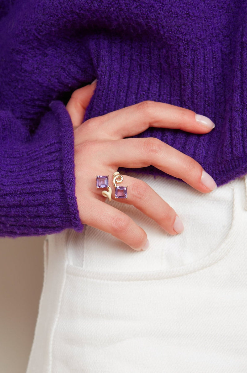 Amethyst and Panna B Square Ring B-Colour Bea Bongiasca enamel and amethyst on model