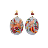 Silvia Furmanovich Oval Bird Pattern Marquetry Earrings with Garnet 18k yellow gold wood statement earrings Tiny Gods