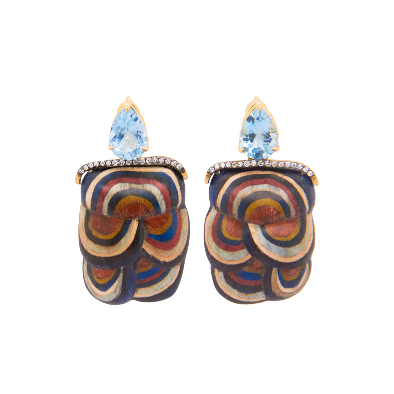 18k yellow gold Mushroom Marquetry Earrings with Blue Topaz by Silvia Furmanovich Tiny Gods