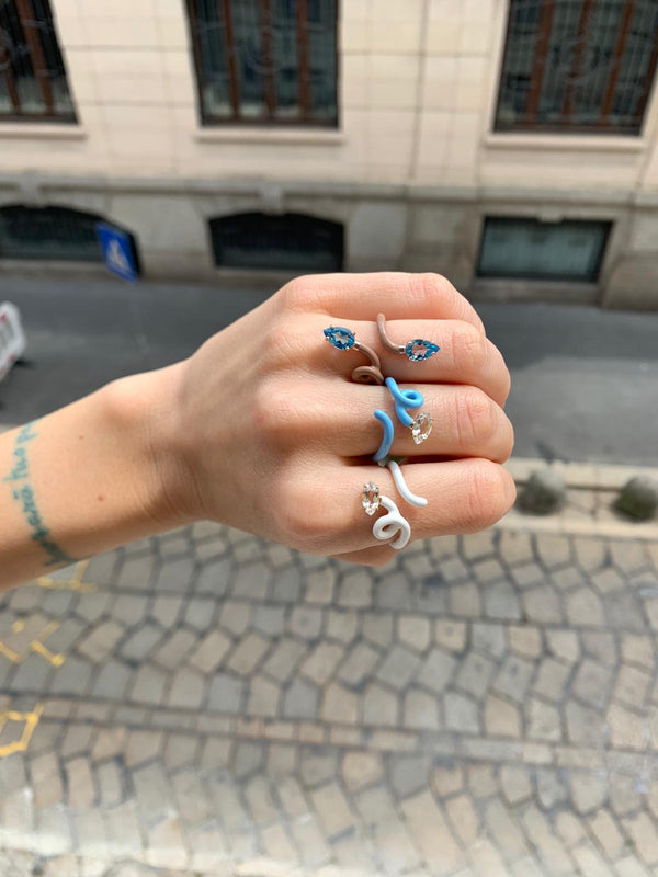 baby blue enamel vine ring with rock crystal by Bea Bongiasca Tiny Gods model