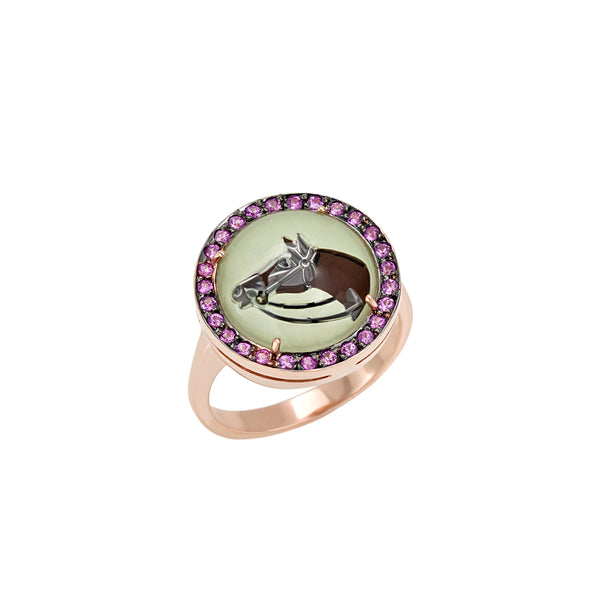 18K rose gold hand painted crystal with pink sapphire pave halo Being Crystal Riding in the Wind Ring by Francesca Villa Equestrian Jewelry at Tiny Gods