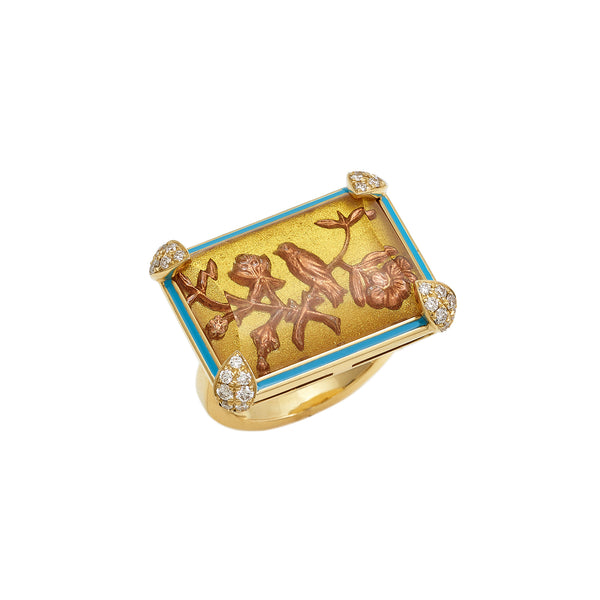 18k yellow gold being crystal golden flower ring with gold birds and turquoise enamel and diamonds by Francesca Villa Tiny Gods