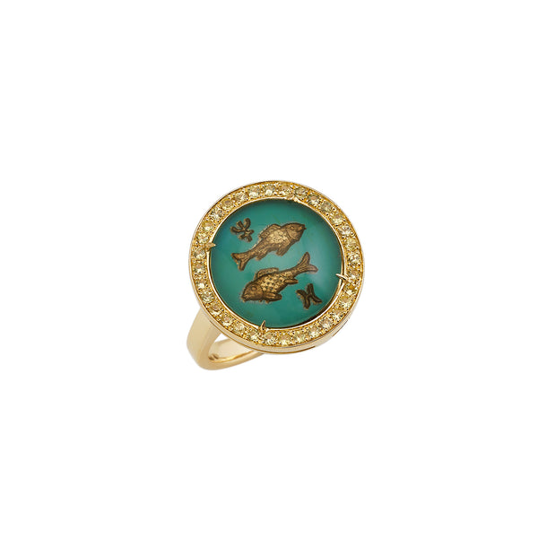 18K yellow gold Being Crystal Pisces Ring Crystal Zodiac Collection by Francesca Villa with yellow sapphires hand painted Tiny Gods 