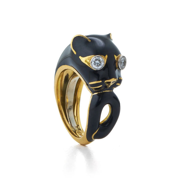 18k yellow gold and platinum cat ring with black enamel and brilliant-cut diamonds by David Webb Tiny Gods