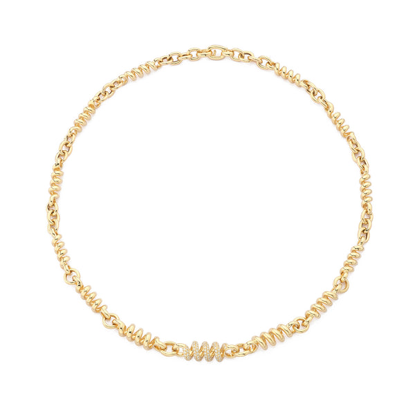 18k yellow gold slinkee necklace with one single diamond curl by Boochier Tiny Gods