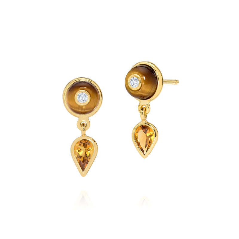 18k yellow gold Uirapuru Tiger's eye earrings with diamonds by Sauer Tiny Gods