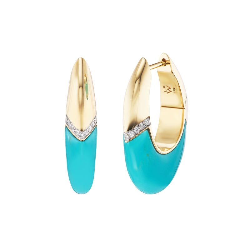 18k yellow gold turquoise oval earrings with diamonds and polished turquoise by Emily P. Wheeler Tiny Gods
