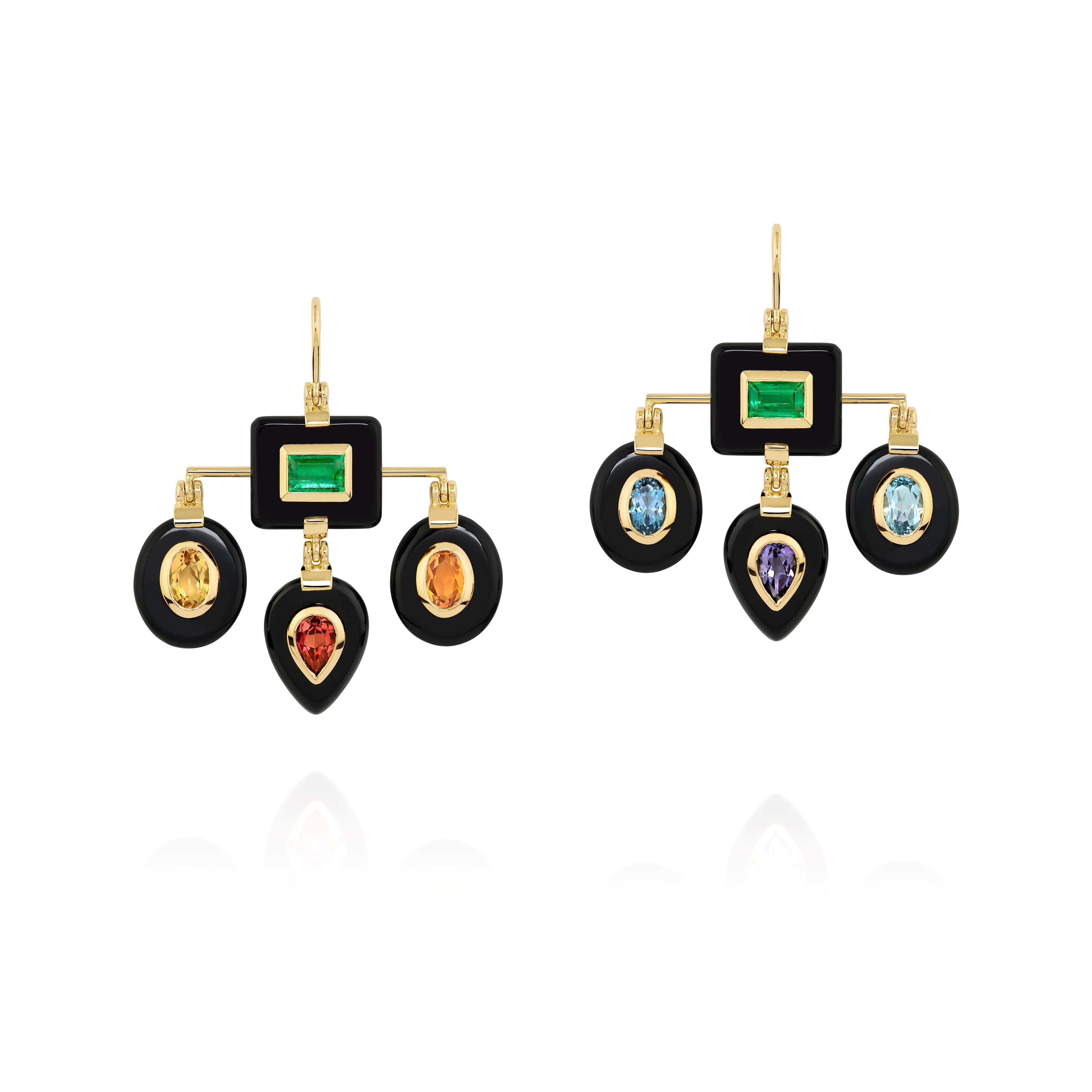 Sauer 18k yellow gold chakra earrings with oval, square and teardrop shaped onyx featuring semi-precious stones. Emerald, citrine, blue topaz, beryl, amethyst and garnet bezel set stones. 18K yellow gold rainbow. Seven chakras earrings by Sauer