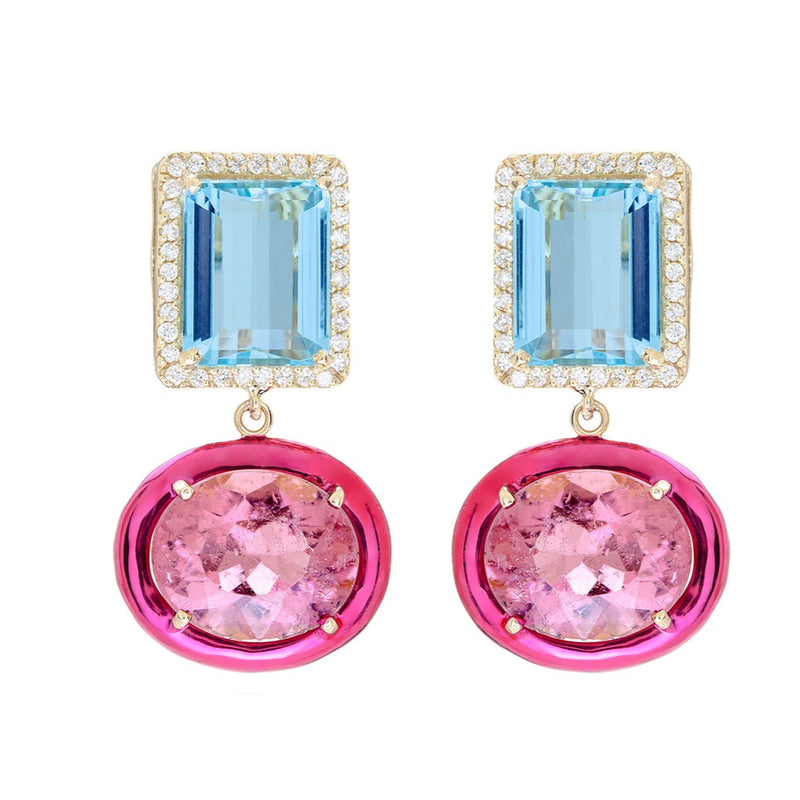 18k yellow gold class earrings with blue topaz, pink tourmaline and diamonds by Carol Kauffman Tiny Gods