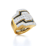 18k yellow gold and platinum cigar band ring with diamonds and black enamel by David Webb New York Tiny Gods