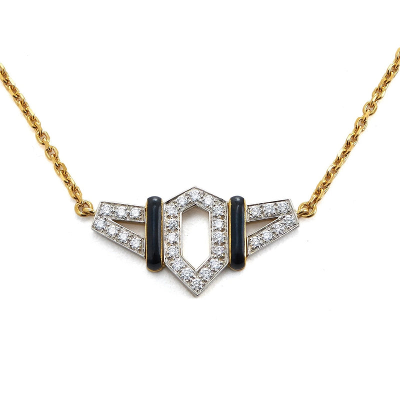 18k yellow gold flight necklace with diamonds, platinum and black enamel by David Webb Tiny Gods