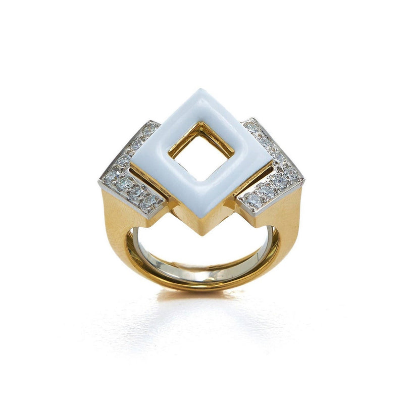 18k yellow gold and platinum double diamond ring with white enamel and brilliant white diamonds by David Webb Tiny Gods
