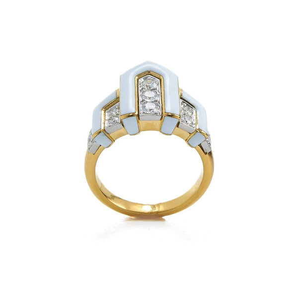 18k yellow gold and platinum white scape ring with white enamel and brilliant cut diamonds by David Webb Tiny Gods
