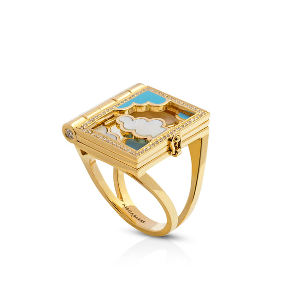18k yellow gold Dreampedia ring with blue and white enamel clouds, set with diamonds by Aisha Baker Tiny Gods