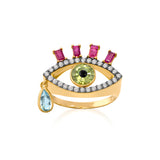Sauer 18k yellow gold eye ring with round white diamonds, peridot eye, rubellite eyelashes and a bezel set aquamarine teardrop.
