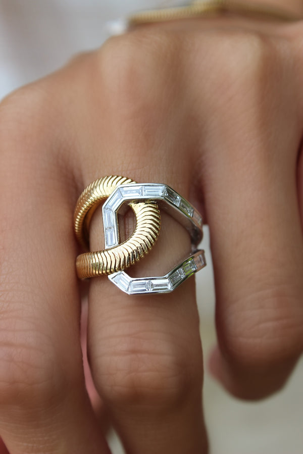 Feelings Double Loop Ring by Nikos Koulis in 18k yellow and white gold with baguette diamonds at Tiny Gods