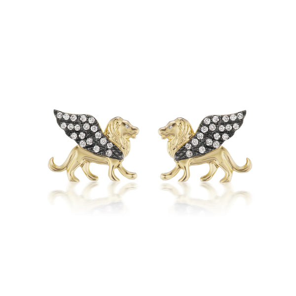 18k yellow gold Il leone studs with diamonds by Sorellina NYC Tiny Gods lion earrings