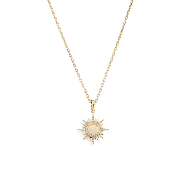 18K yellow gold Il Sole Mini Necklace by Sorellina. Sun shaped pendant with diamonds