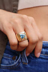 Aquamarine Impetus Ring 14k yellow gold wide band by Retrouvai Tiny Gods on hand