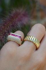 14k yellow gold Ruby Empress ring with diamond pave by Rainbow K Paris Tiny Gods on model