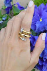 18y polished yellow gold and platinum diamond nail ring by David Webb Tiny Gods on model