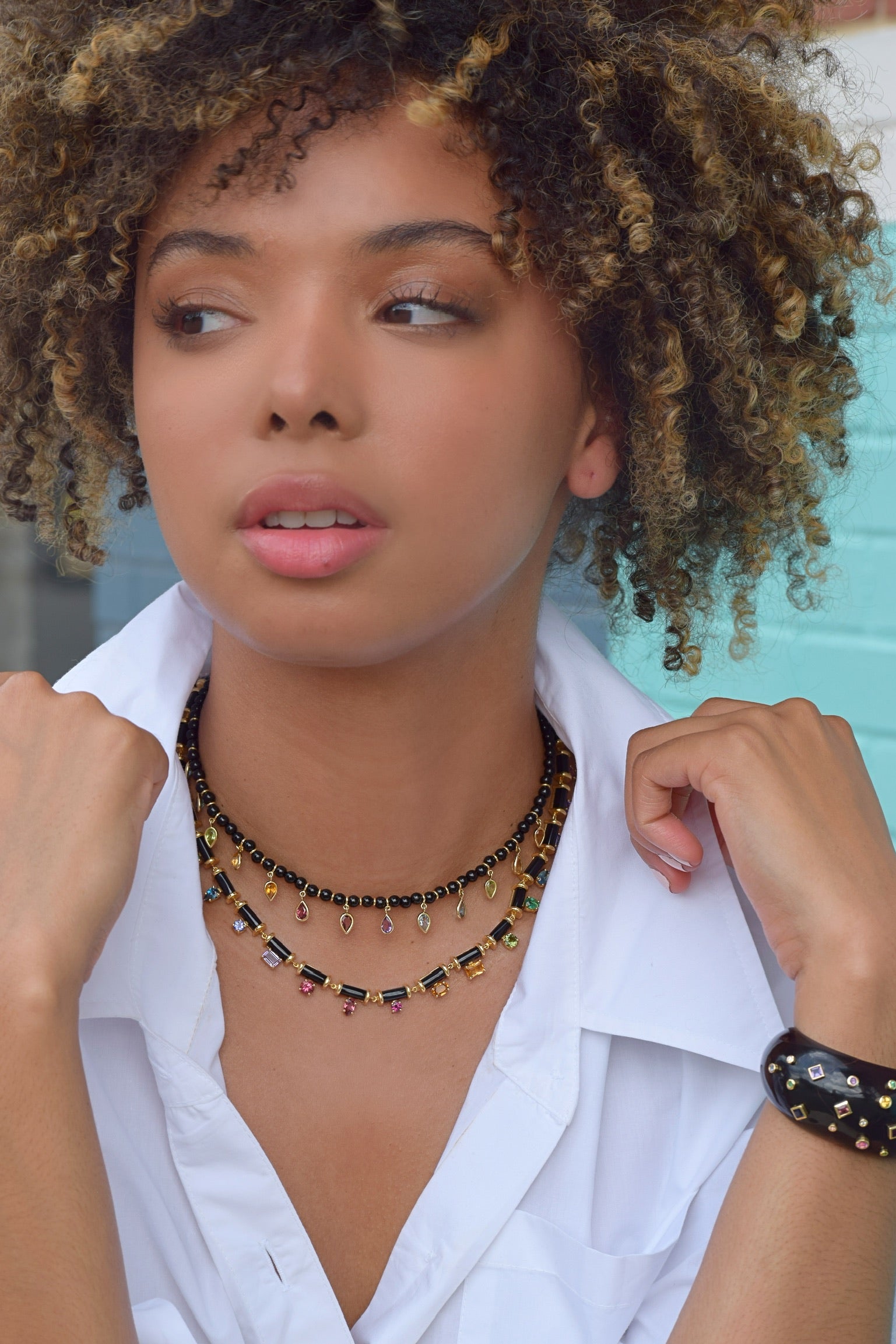 Uirapuru Rainbow Necklace by Sauer onyx beads with rainbow sapphire pear shaped drops choker Tiny Gods