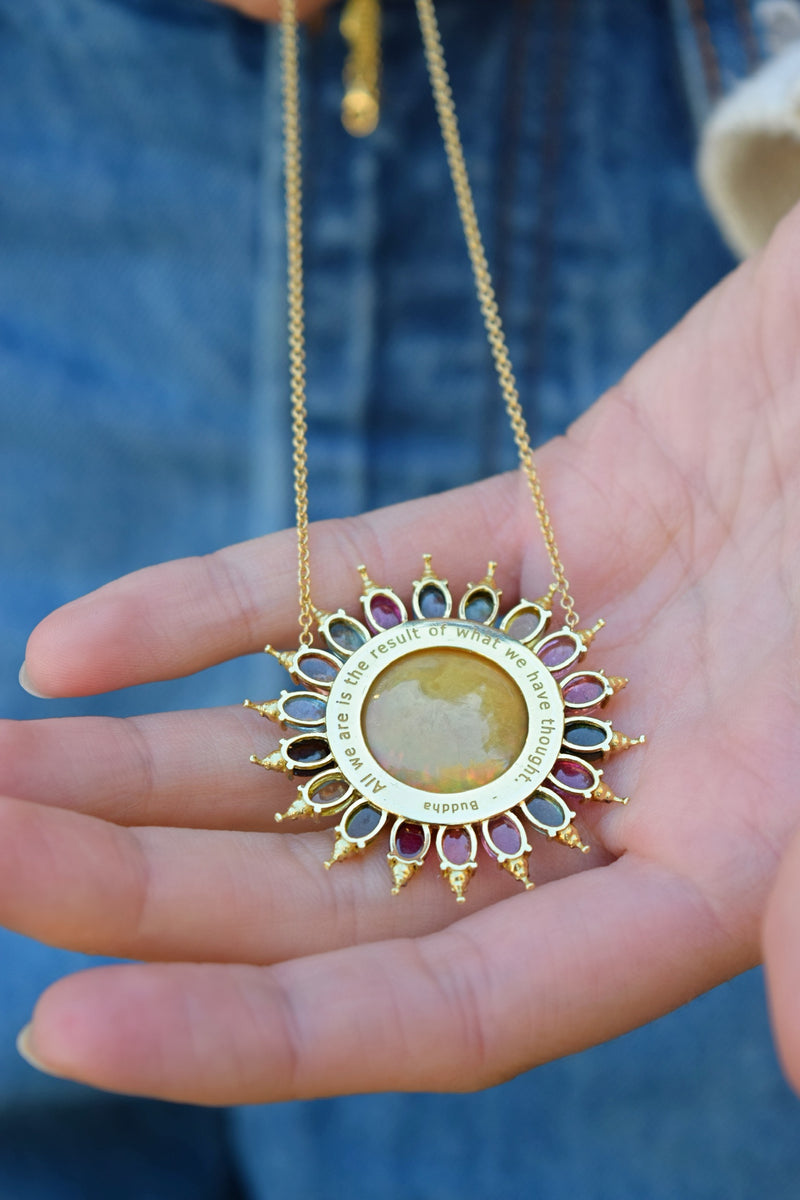 18K yellow gold with rhodium Circle of Life Necklace opal pendant with multicolor tourmaline and sapphire by Daniela Villegas at Tiny Gods on Model