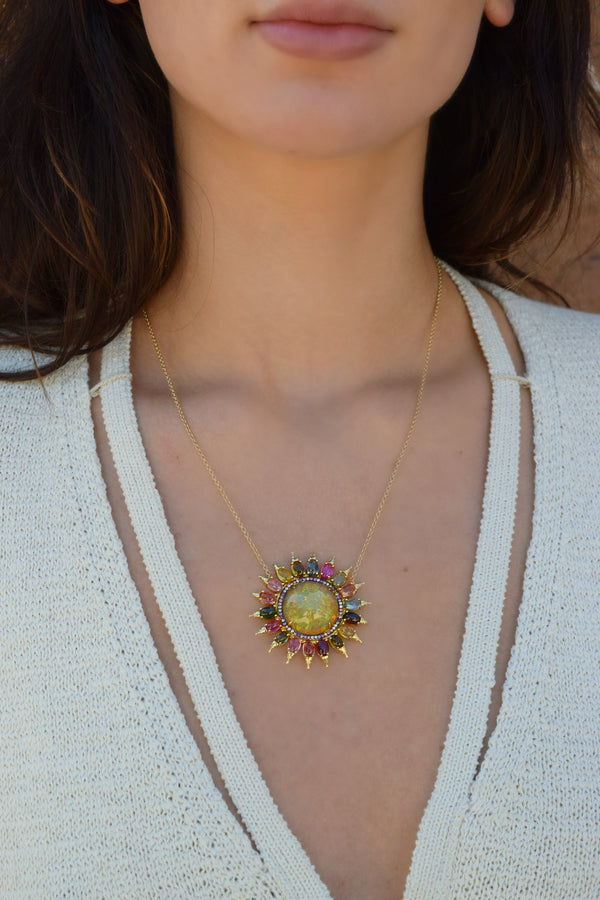 18K yellow gold with rhodium Circle of Life Necklace opal pendant with multicolor tourmaline and sapphire by Daniela Villegas at Tiny Gods on Model
