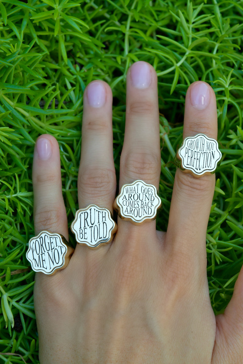 18K yellow gold Retrouvai Talisman signet rings with engraving Tiny Gods