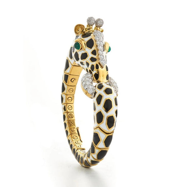 18k yellow gold and platinum diamond giraffe bracelet with cabochon emeralds and black and white enamel by David Webb Tiny Gods 