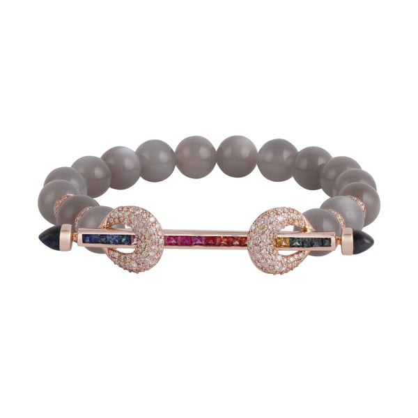 Grey Moonstone & Rainbow Sapphire Chakra Bracelet by Ananya. 18K gold bracelet. 