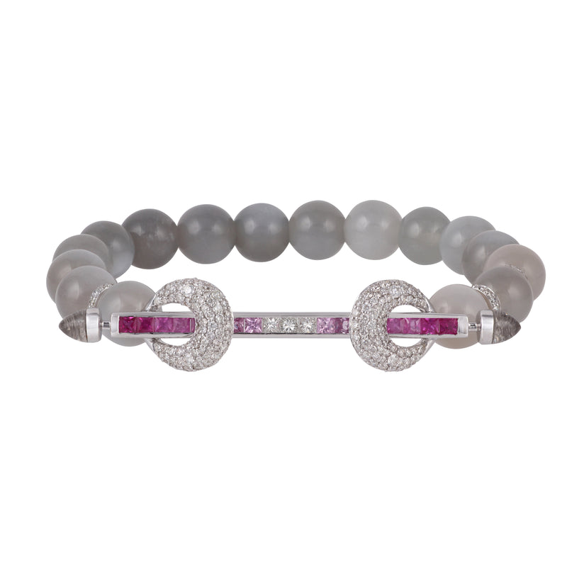 Grey Moonstone, Diamonds, and Ombre Pink Sapphire Chakra Bracelet by Ananya