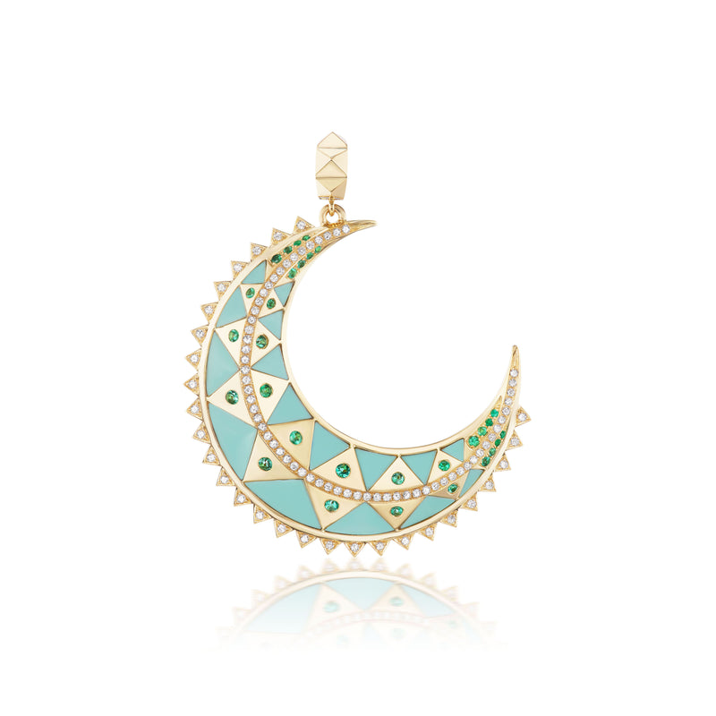 18K yellow gold Chrysoprase & Emerald Major Crescent Moon Pendant Necklace by Harwell Godfrey