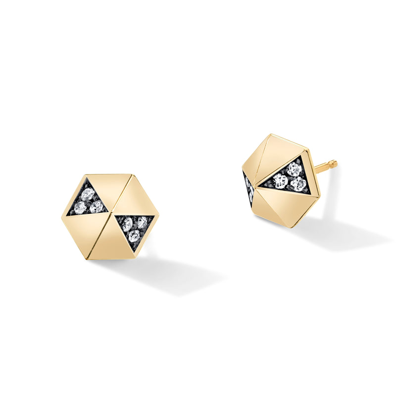 Pair of yellow gold pyramid stud earrings with rhodium and diamond details. 