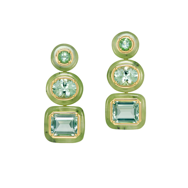 Sauer 18k yellow gold Igapo earrings with tourmaline and prasiolite surrounded by smooth jade in a circle, oval and square shape. The semi-precious stones are bezel set and have a post back.