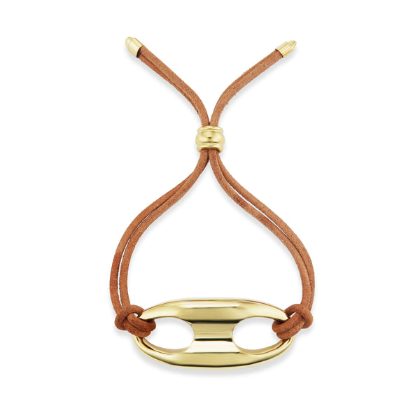 18K yellow gold Large Gold Nautical Link on tan Leather cord Bracelet by Jenna Blake 