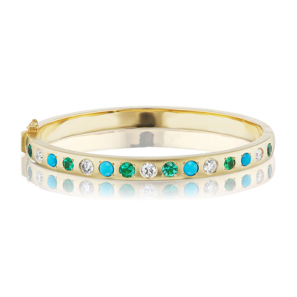 18K yellow Turquoise, Emerald & Diamond Gypsy Bangle Bracelet by Jenna Blake 