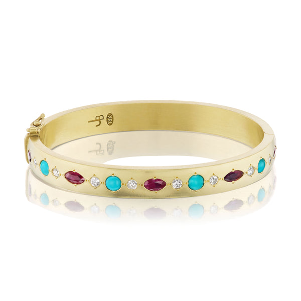 18k yellow gold gypsy bangle bracelet with turquoise, marquis ruby and white diamonds by Jenna Blake Tiny Gods
