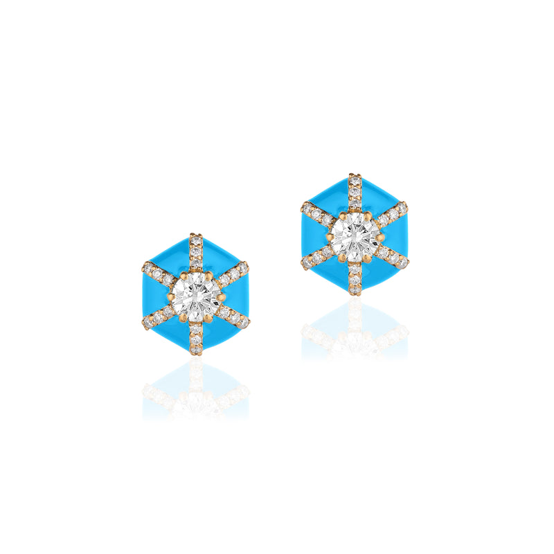 18k yellow gold Turquoise "Queen" Hexagon Diamond Earrings Goshwara Tiny Gods