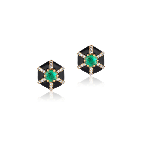 18k yellow gold queen hexagon emerald stud earrings with diamonds by Goshwara Tiny Gods