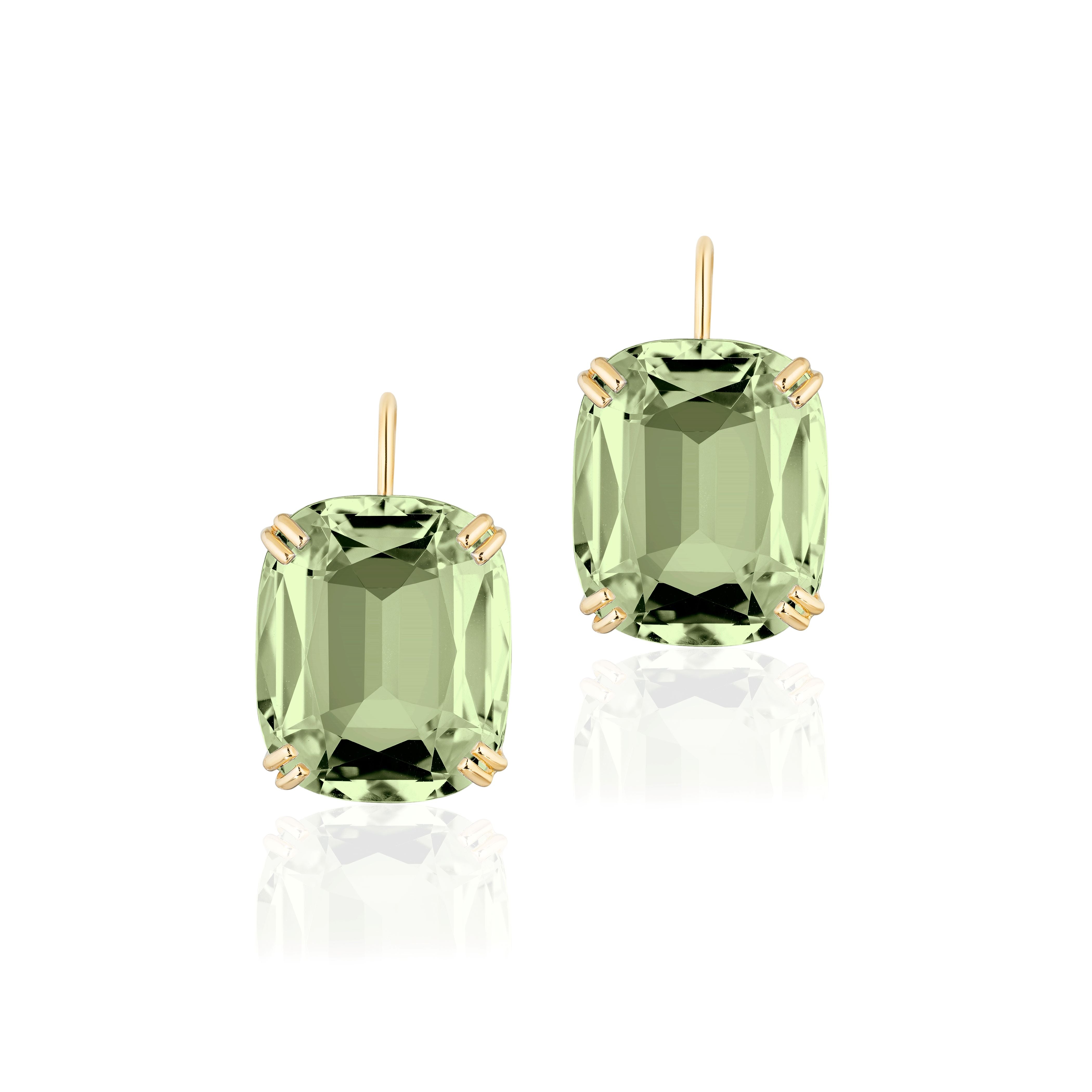 18k yellow gold prong set cushion cut prasiolite earrings on wire by Goshwara Tiny Gods