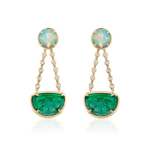 18k yellow gold half moon carved emerald and opal drop earrings by Goshwara Tiny Gods