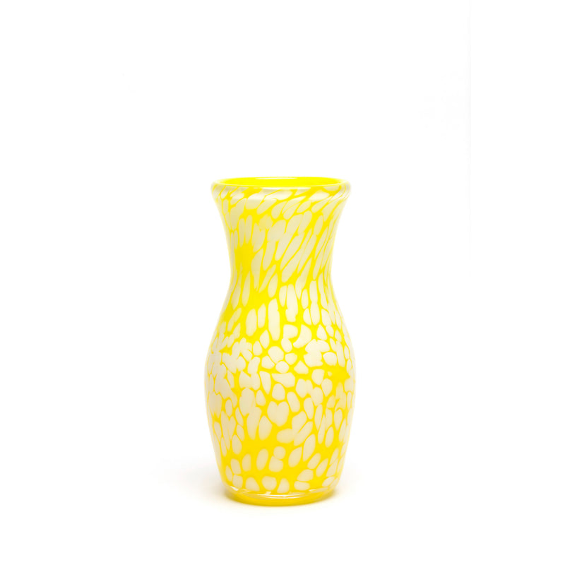 Yellow and white spotted vase hand blown by Paul Arnhold Glass