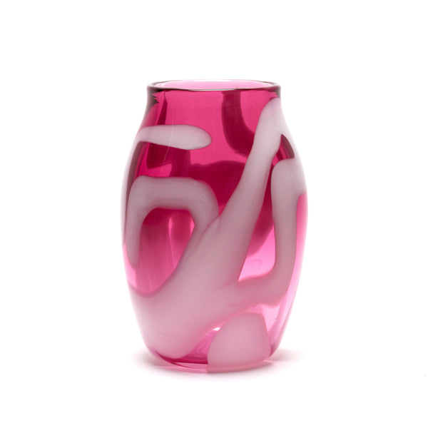 transparent raspberry vase with white stripes hand blown glass by Paul Arnhold Tiny Gods