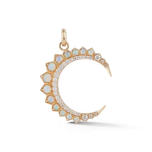 Opal Estelle Pendant by Storrow crescent moon charm opal diamonds 14k yellow gold Tiny Gods