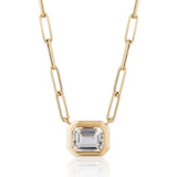18k yellow gold emerald cut rock crystal pendant on a paperclip chain by Goshwara Tiny Gods