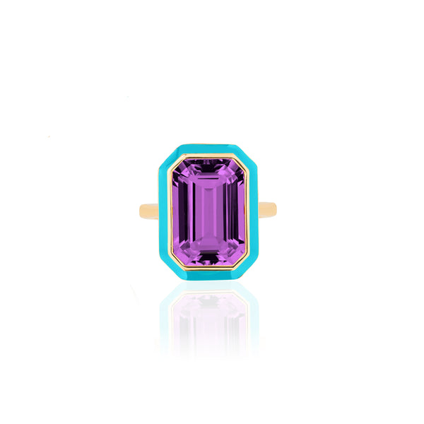 18k yellow gold queen emerald cut amethyst ring with blue turquoise enamel by Goshwara Tiny Gods