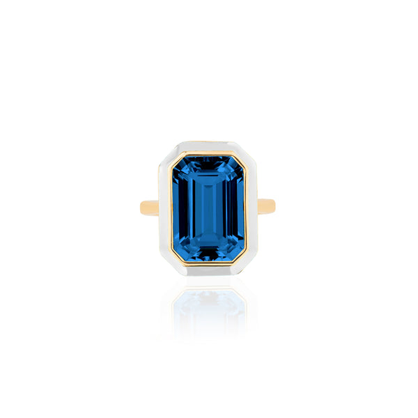 'Queen' London Blue Topaz Ring by Goshwara. 18K yellow gold, white enamel. 