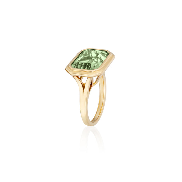 'Manhattan' Prasiolite Emerald Cut Bezel Set Gold Ring by Goshwara